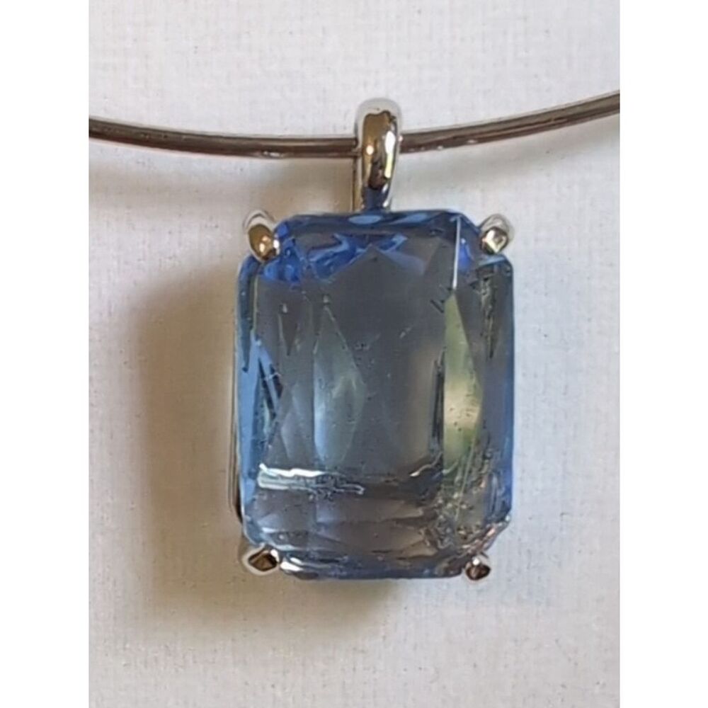 Blue Stone Silver Tone  Pendant Necklace Square Cut Light Blue